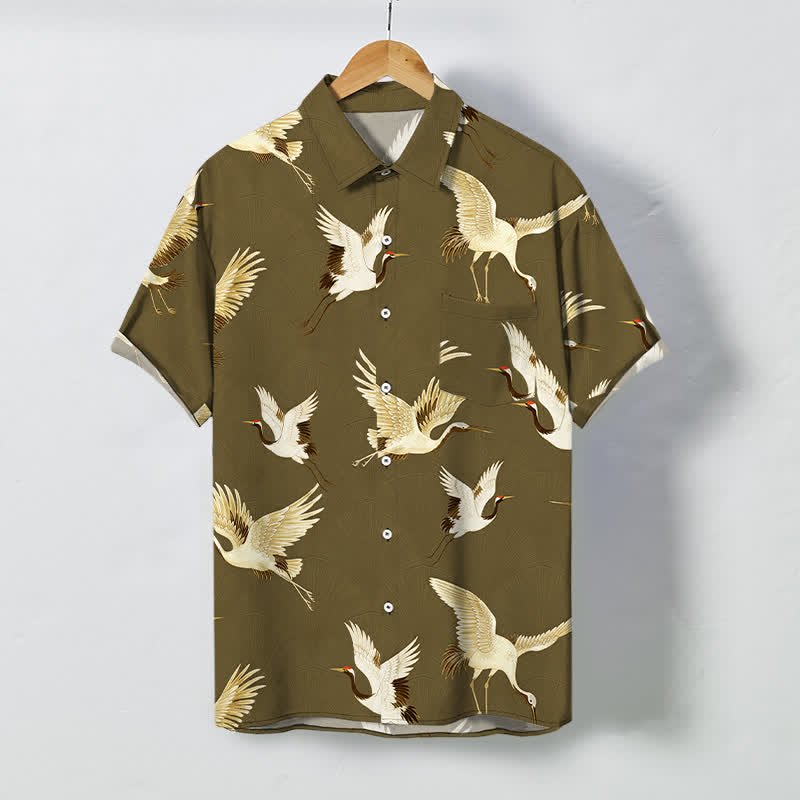 Buddha Stones Camisa transpirable de manga corta para hombre con botones y estampado de grulla blanca - Verde oliva oscuro - US/UK/AU48, UE58 (4XL) - image 5