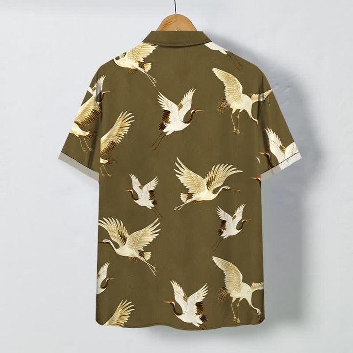 Buddha Stones Camisa transpirable de manga corta para hombre con botones y estampado de grulla blanca - image 6
