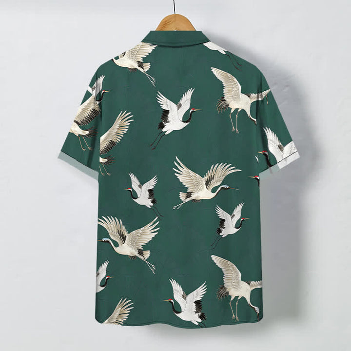 Buddha Stones Camisa transpirable de manga corta para hombre con botones y estampado de grulla blanca - image 8