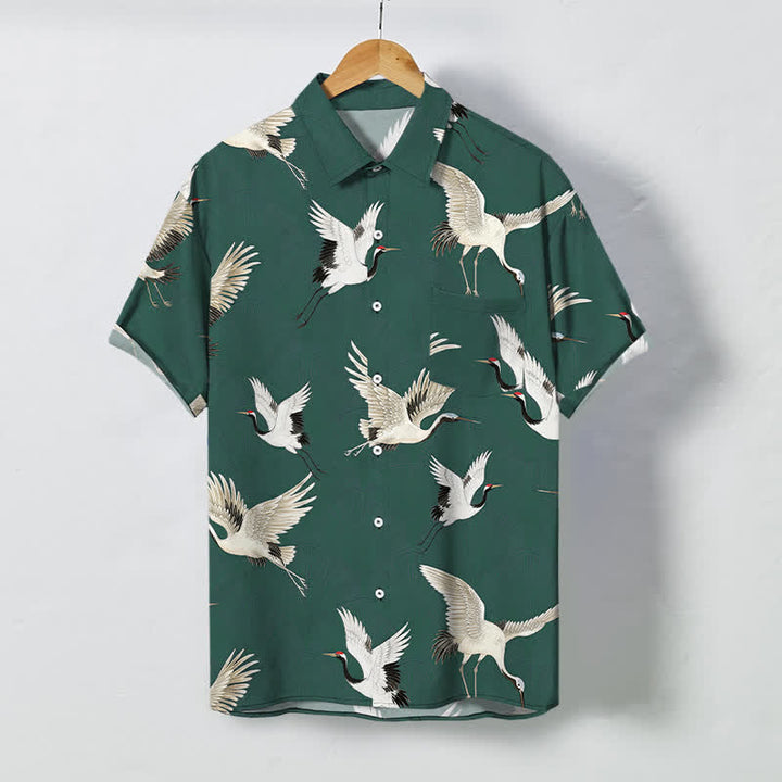 Buddha Stones Camisa transpirable de manga corta para hombre con botones y estampado de grulla blanca - Verde azulado - US/UK/AU48, UE58 (4XL) - image 7