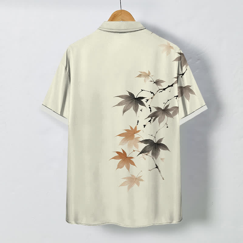 Buddha Stones Camisa transpirable de manga corta para hombre con botones y estampado de ramas de arce otoñales - image 1