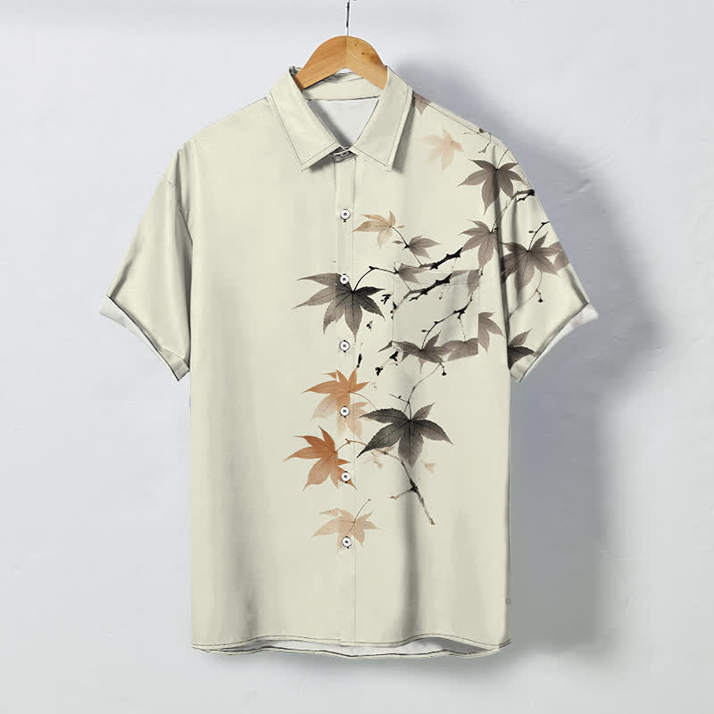 Buddha Stones Camisa transpirable de manga corta para hombre con botones y estampado de ramas de arce otoñales - Beige - US/UK/AU48, UE58 (4XL) - image 0
