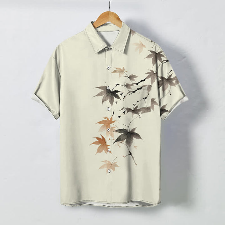Buddha Stones Camisa transpirable de manga corta para hombre con botones y estampado de ramas de arce otoñales - Beige - US/UK/AU48, UE58 (4XL) - image 0