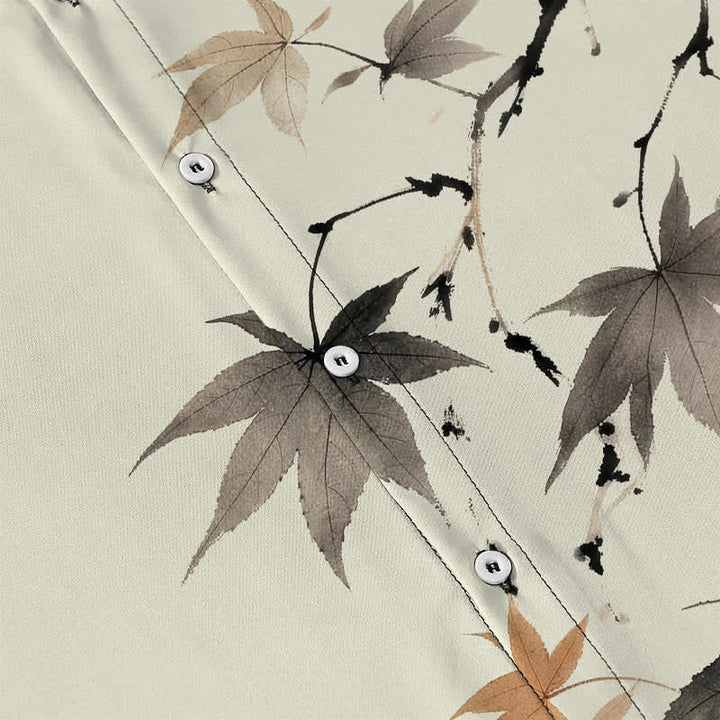 Buddha Stones Camisa transpirable de manga corta para hombre con botones y estampado de ramas de arce otoñales - image 3