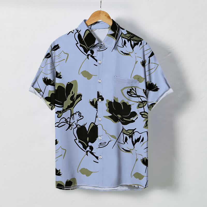 Buddha Stones Camisa transpirable de manga corta para hombre con botones y estampado botánico floral abstracto - Azul acero claro - US/UK/AU48, UE58 (4XL) - image 3