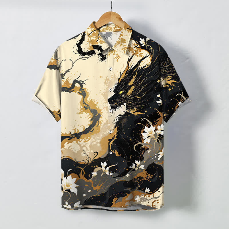 Buddha Stones Camisa transpirable de manga corta para hombre con botones y estampado floral de nube de dragón dorado - Blanco antiguo - US/UK/AU48, UE58 (4XL) - image 0