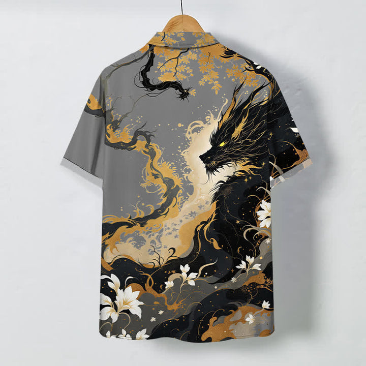 Buddha Stones Camisa transpirable de manga corta para hombre con botones y estampado floral de nube de dragón dorado - image 6