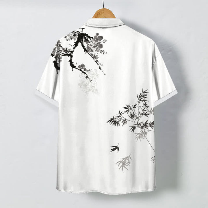Buddha Stones Camisa transpirable de manga corta para hombre con botones y estampado de ramas de bambú y hojas de tinta. - image 1