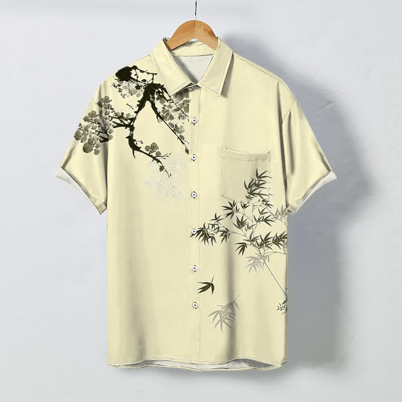 Buddha Stones Camisa transpirable de manga corta para hombre con botones y estampado de ramas de bambú y hojas de tinta. - Amarillo dorado claro - US/UK/AU48, UE58 (4XL) - image 5