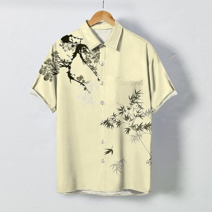 Buddha Stones Camisa transpirable de manga corta para hombre con botones y estampado de ramas de bambú y hojas de tinta. - Amarillo dorado claro - US/UK/AU48, UE58 (4XL) - image 5