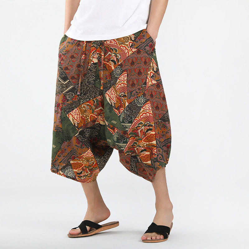 Buddha Stones Pantalones capri de verano estilo boho casual con cordón y estampado geométrico abstracto para hombre, estilo harem con bolsillo. - Perú - US/UK/AU46, EU56 (5XL) - image 0