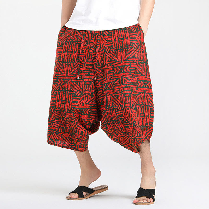 Buddha Stones Pantalones capri de verano estilo boho casual con cordón y estampado geométrico abstracto para hombre, estilo harem con bolsillo. - Rojo - US/UK/AU46, EU56 (5XL) - image 16