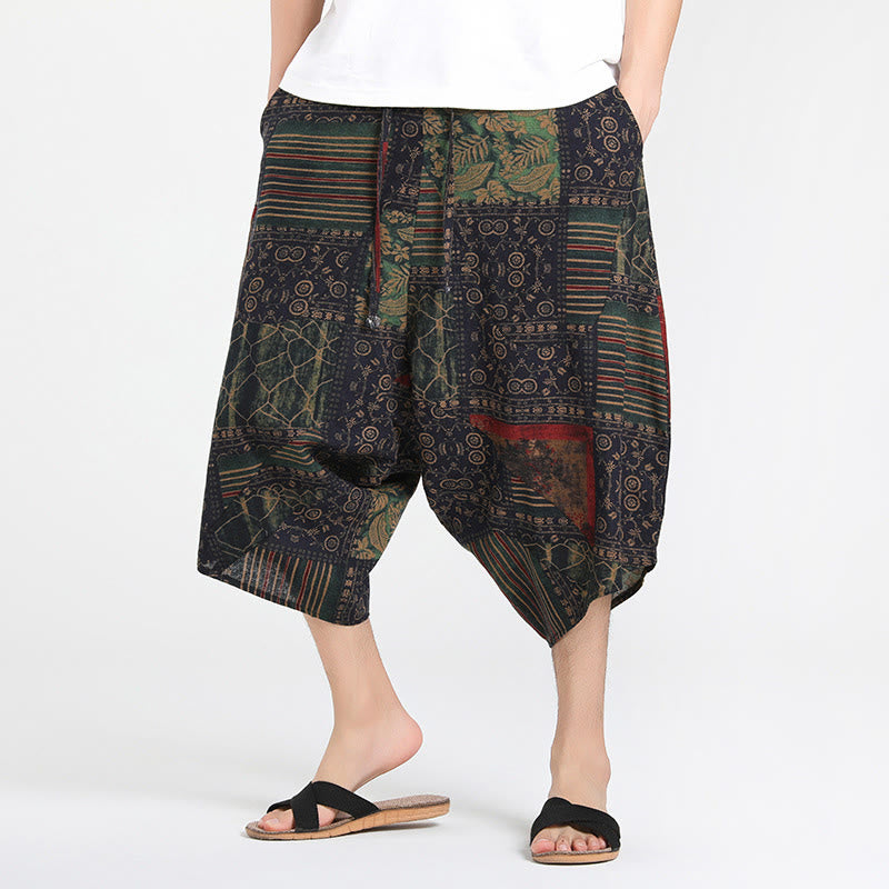 Buddha Stones Pantalones capri de verano estilo boho casual con cordón y estampado geométrico abstracto para hombre, estilo harem con bolsillo. - Verde mar oscuro - US/UK/AU46, EU56 (5XL) - image 8