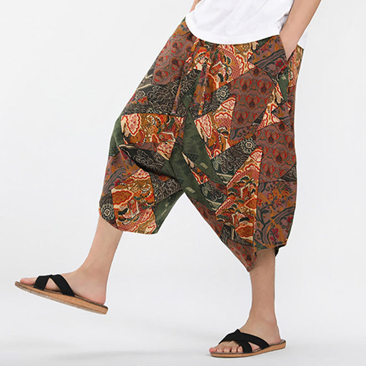 Buddha Stones Pantalones capri de verano estilo boho casual con cordón y estampado geométrico abstracto para hombre, estilo harem con bolsillo. - image 5