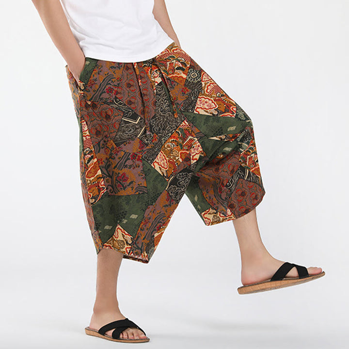 Buddha Stones Pantalones capri de verano estilo boho casual con cordón y estampado geométrico abstracto para hombre, estilo harem con bolsillo. - image 4