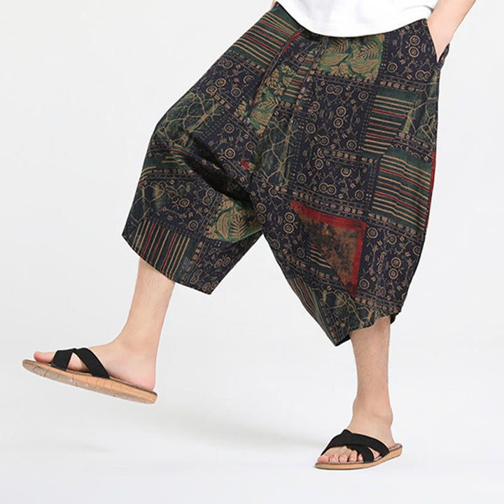 Buddha Stones Pantalones capri de verano estilo boho casual con cordón y estampado geométrico abstracto para hombre, estilo harem con bolsillo. - image 15