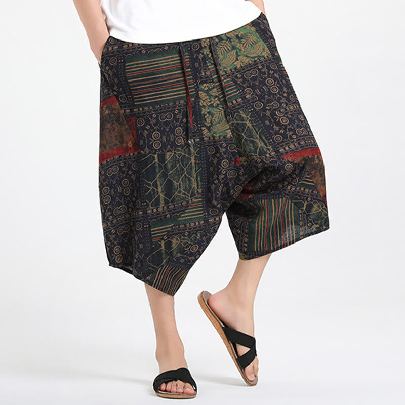 Buddha Stones Pantalones capri de verano estilo boho casual con cordón y estampado geométrico abstracto para hombre, estilo harem con bolsillo. - image 13