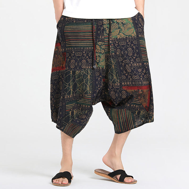Buddha Stones Pantalones capri de verano estilo boho casual con cordón y estampado geométrico abstracto para hombre, estilo harem con bolsillo. - image 10