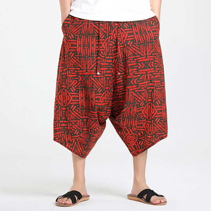 Buddha Stones Pantalones capri de verano estilo boho casual con cordón y estampado geométrico abstracto para hombre, estilo harem con bolsillo. - image 17
