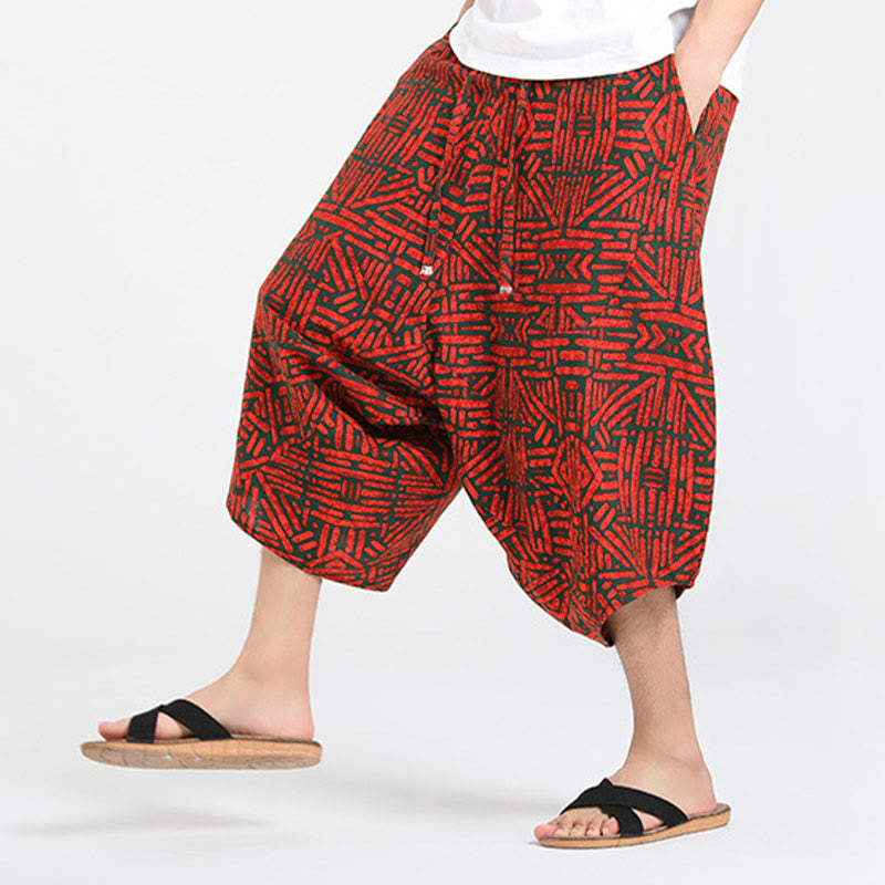 Buddha Stones Pantalones capri de verano estilo boho casual con cordón y estampado geométrico abstracto para hombre, estilo harem con bolsillo. - image 23