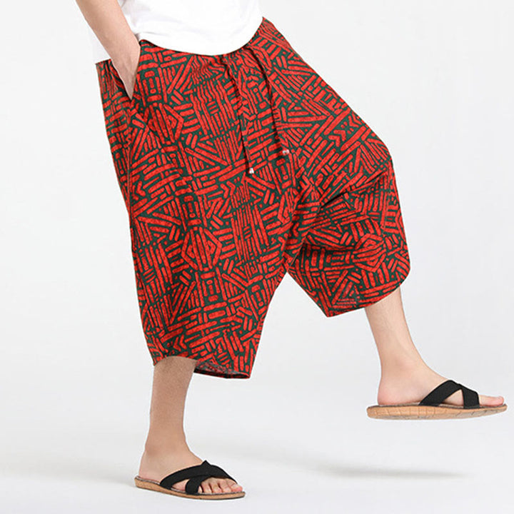 Buddha Stones Pantalones capri de verano estilo boho casual con cordón y estampado geométrico abstracto para hombre, estilo harem con bolsillo. - image 22