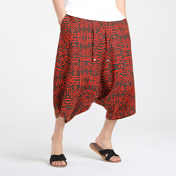Buddha Stones Pantalones capri de verano estilo boho casual con cordón y estampado geométrico abstracto para hombre, estilo harem con bolsillo. - image 18