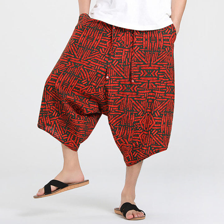 Buddha Stones Pantalones capri de verano estilo boho casual con cordón y estampado geométrico abstracto para hombre, estilo harem con bolsillo. - image 21
