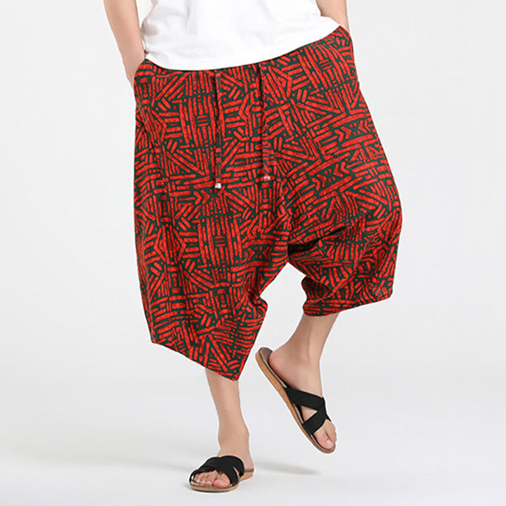 Buddha Stones Pantalones capri de verano estilo boho casual con cordón y estampado geométrico abstracto para hombre, estilo harem con bolsillo. - image 20