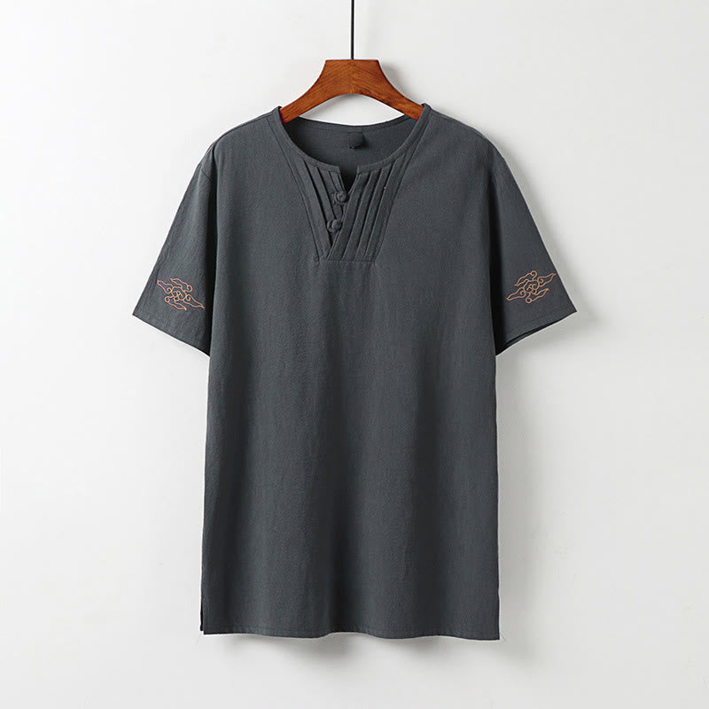 Buddha Stones Camisas de manga corta para hombre de color liso con bordado de nubes auspiciosas y botones de rana estilo verano Tang - Gris oscuro - US/UK/AU54, EU64 (9XL) - image 1