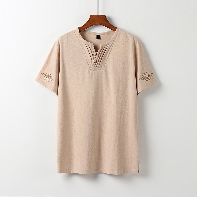 Buddha Stones Camisas de manga corta para hombre de color liso con bordado de nubes auspiciosas y botones de rana estilo verano Tang - Trigo - US/UK/AU54, EU64 (9XL) - image 0