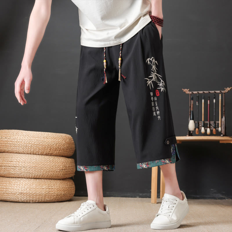 Buddha Stones Pantalones cortos de verano estilo Tang, casuales, con cordón ajustable, estampado de bambú, para hombre, pierna recta, con bolsillo. - Negro - US/UK/AU46, EU56 (4XL) - image 0