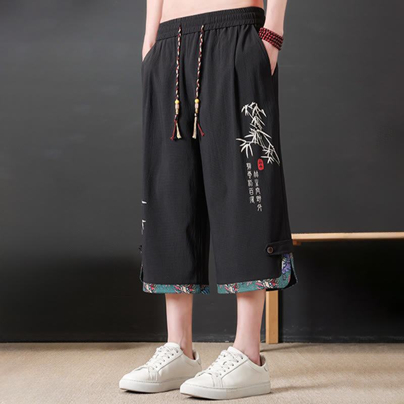 Buddha Stones Pantalones cortos de verano estilo Tang, casuales, con cordón ajustable, estampado de bambú, para hombre, pierna recta, con bolsillo. - image 2