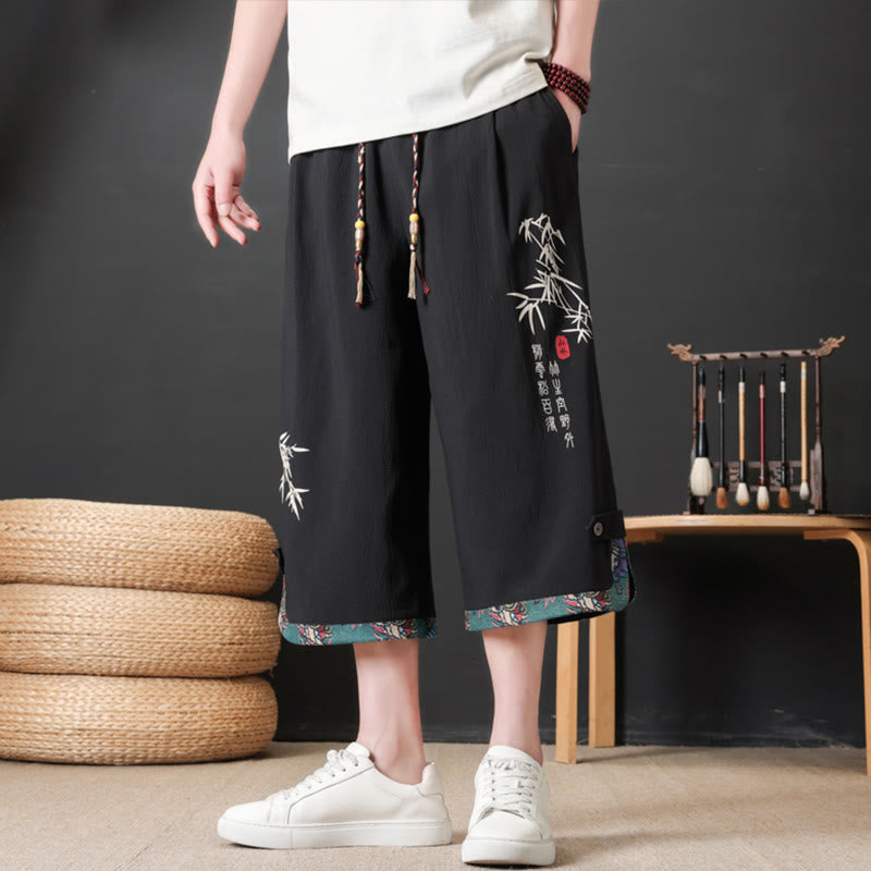 Buddha Stones Pantalones cortos de verano estilo Tang, casuales, con cordón ajustable, estampado de bambú, para hombre, pierna recta, con bolsillo. - image 1