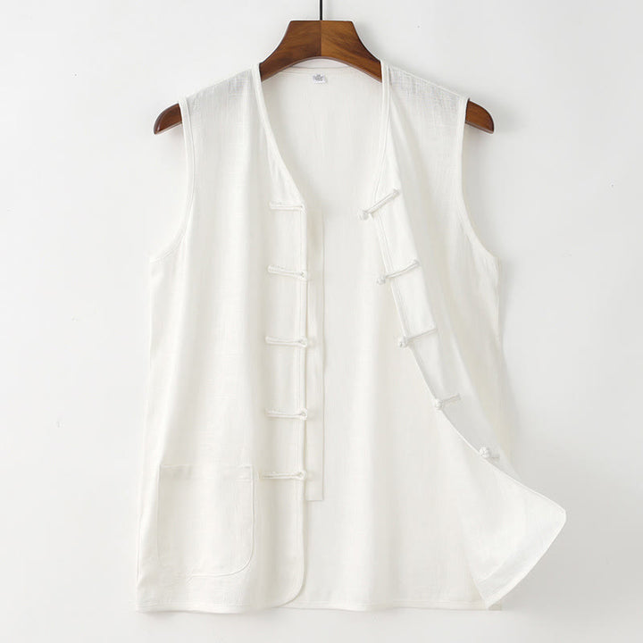 Buddha Stones Camiseta sin mangas estilo Tang informal con botones de rana para hombre, con bolsillo. - Blanco - US/UK/AU48, EU58 (4XL) - image 6