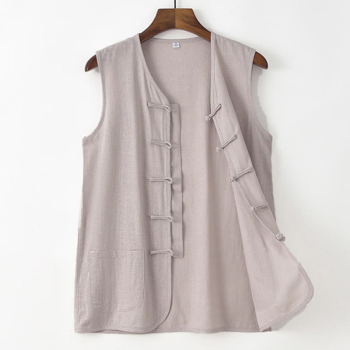 Buddha Stones Camiseta sin mangas estilo Tang informal con botones de rana para hombre, con bolsillo. - Gris claro - US/UK/AU48, EU58 (4XL) - image 1