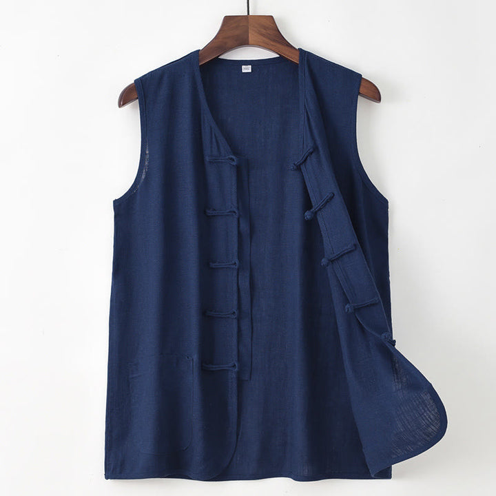 Buddha Stones Camiseta sin mangas estilo Tang informal con botones de rana para hombre, con bolsillo. - Marina de guerra - US/UK/AU48, EU58 (4XL) - image 0
