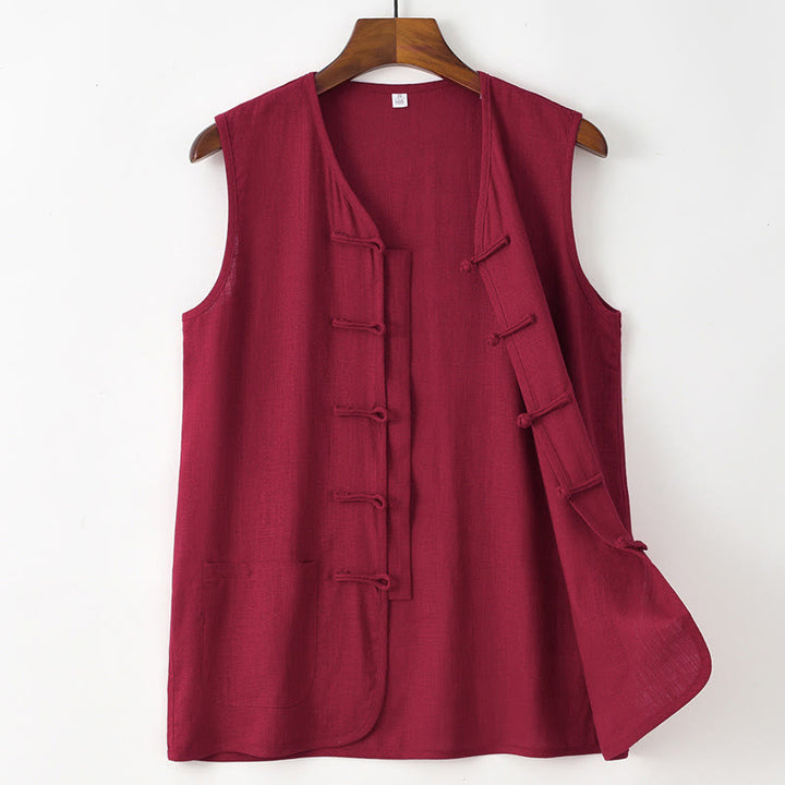 Buddha Stones Camiseta sin mangas estilo Tang informal con botones de rana para hombre, con bolsillo. - Ladrillo refractario - US/UK/AU48, EU58 (4XL) - image 5