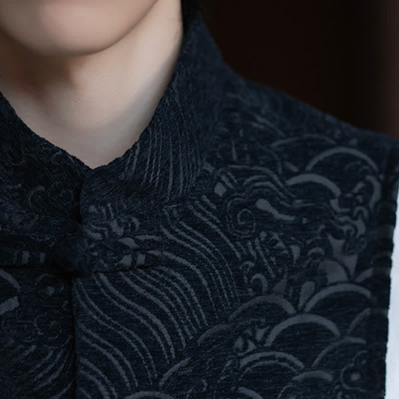 Buddha Stones Camisas sin mangas para hombre estilo Tang vintage con cuello mandarín, botones de rana y estampado jacquard abstracto. - image 10