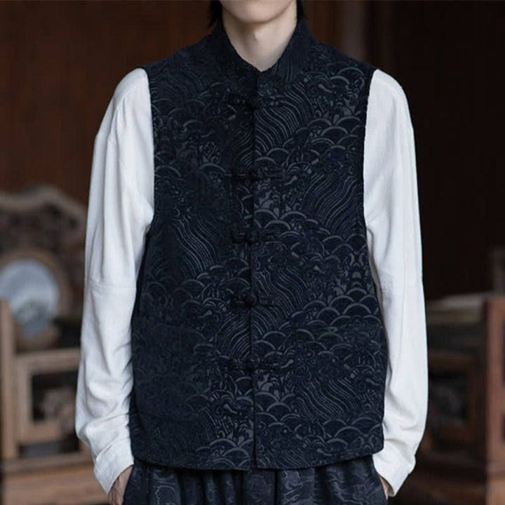 Buddha Stones Camisas sin mangas para hombre estilo Tang vintage con cuello mandarín, botones de rana y estampado jacquard abstracto. - image 8