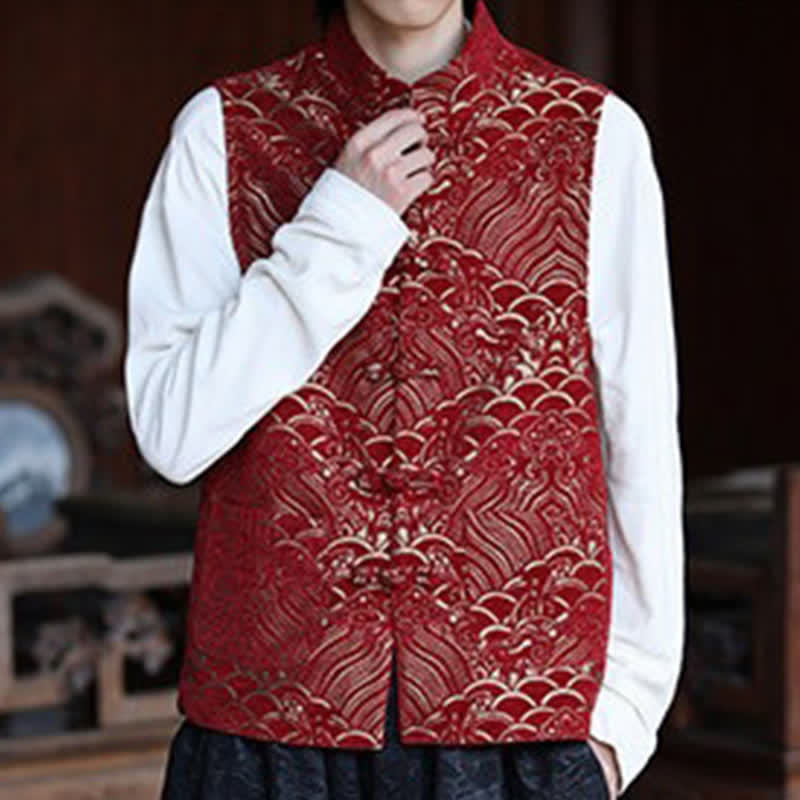 Buddha Stones Camisas sin mangas para hombre estilo Tang vintage con cuello mandarín, botones de rana y estampado jacquard abstracto. - image 21