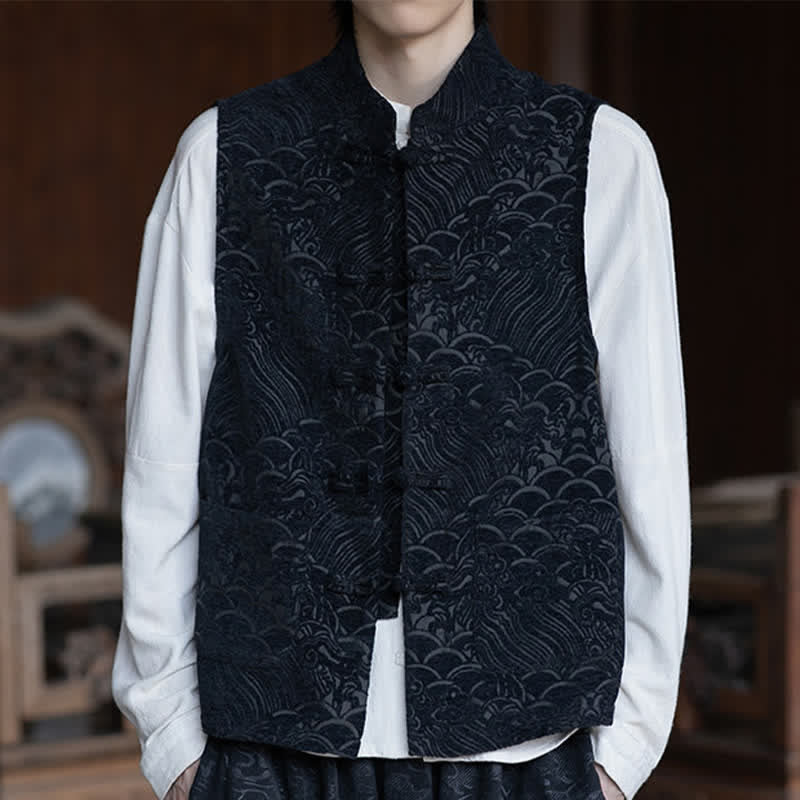 Buddha Stones Camisas sin mangas para hombre estilo Tang vintage con cuello mandarín, botones de rana y estampado jacquard abstracto. - image 6