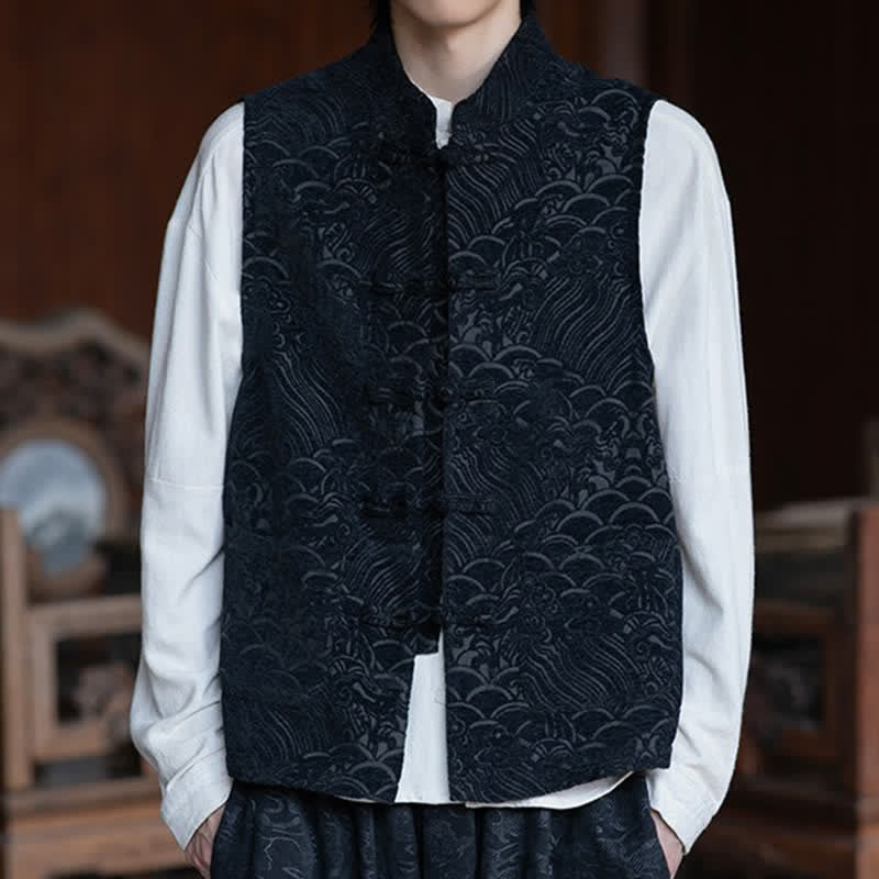 Buddha Stones Camisas sin mangas para hombre estilo Tang vintage con cuello mandarín, botones de rana y estampado jacquard abstracto. - image 1