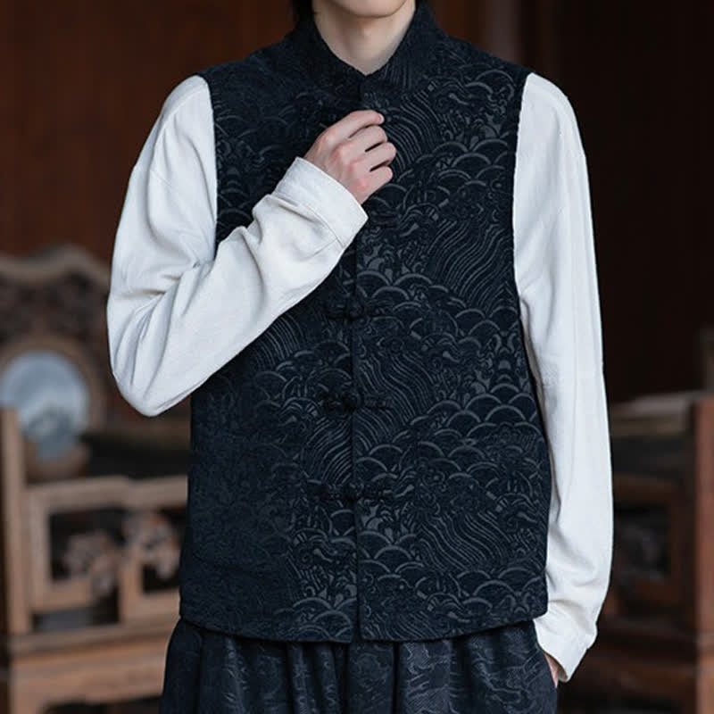 Buddha Stones Camisas sin mangas para hombre estilo Tang vintage con cuello mandarín, botones de rana y estampado jacquard abstracto. - image 3