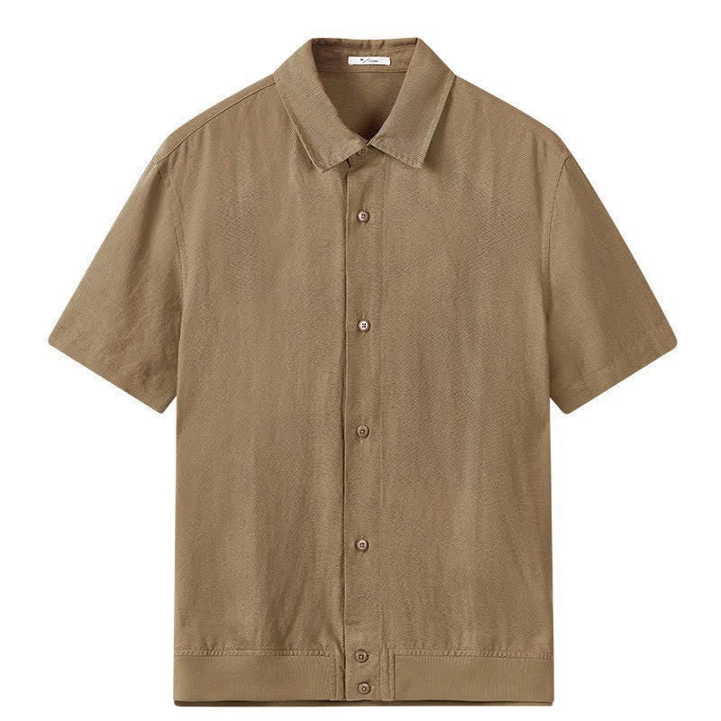 Buddha Stones Camisa de manga corta para hombre, estilo casual de verano, minimalista, con cuello alto y botones. - image 1