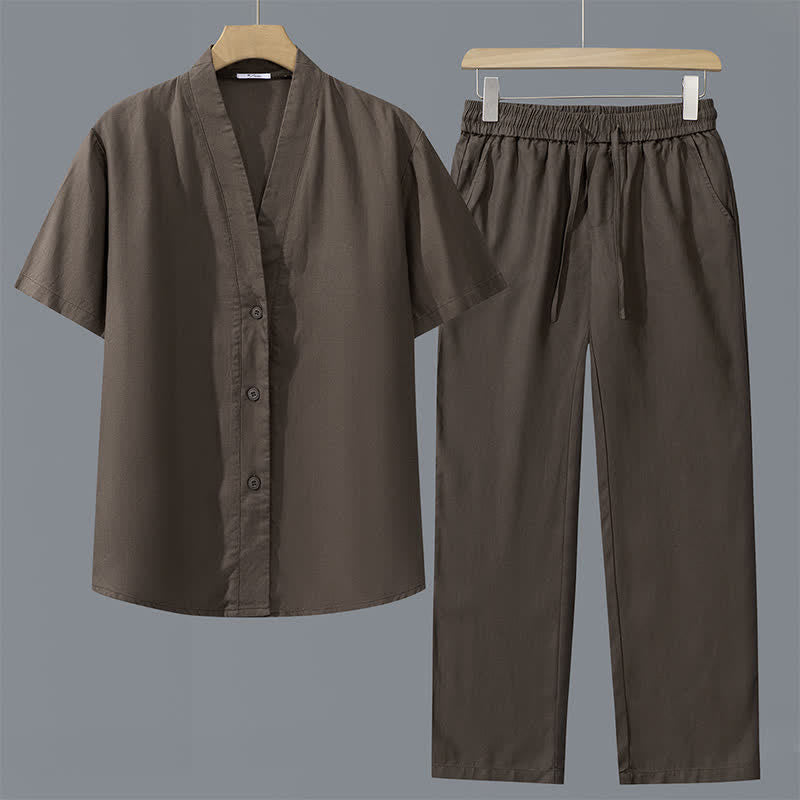 Buddha Stones Conjunto de 2 piezas para primavera/verano: camisa minimalista abotonada, pantalones con cordón ajustable, color liso, ideal para meditación, con bolsillos. - Camisa marrón + pantalones marrones - US/UK/AU42, EU52 (3XL) - image 1