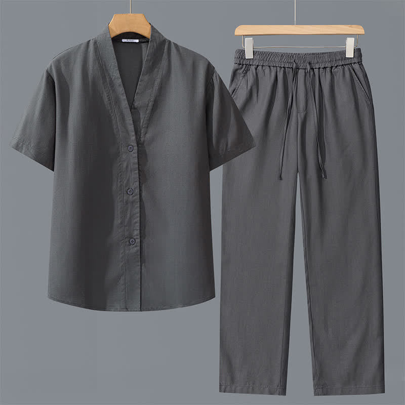 Buddha Stones Conjunto de 2 piezas para primavera/verano: camisa minimalista abotonada, pantalones con cordón ajustable, color liso, ideal para meditación, con bolsillos. - Camisa gris oscuro + pantalones gris oscuro - US/UK/AU42, EU52 (3XL) - image 0