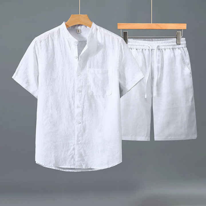 Buddha Stones Conjunto de 2 piezas de ropa informal de verano estilo Tang: camisa de manga corta con botones, pantalones cortos de lino liso para hombre, ideal para meditación, con bolsillo. - Camisa blanca + pantalón blanco - US/UK/AU42, EU52 (3XL) - image 7