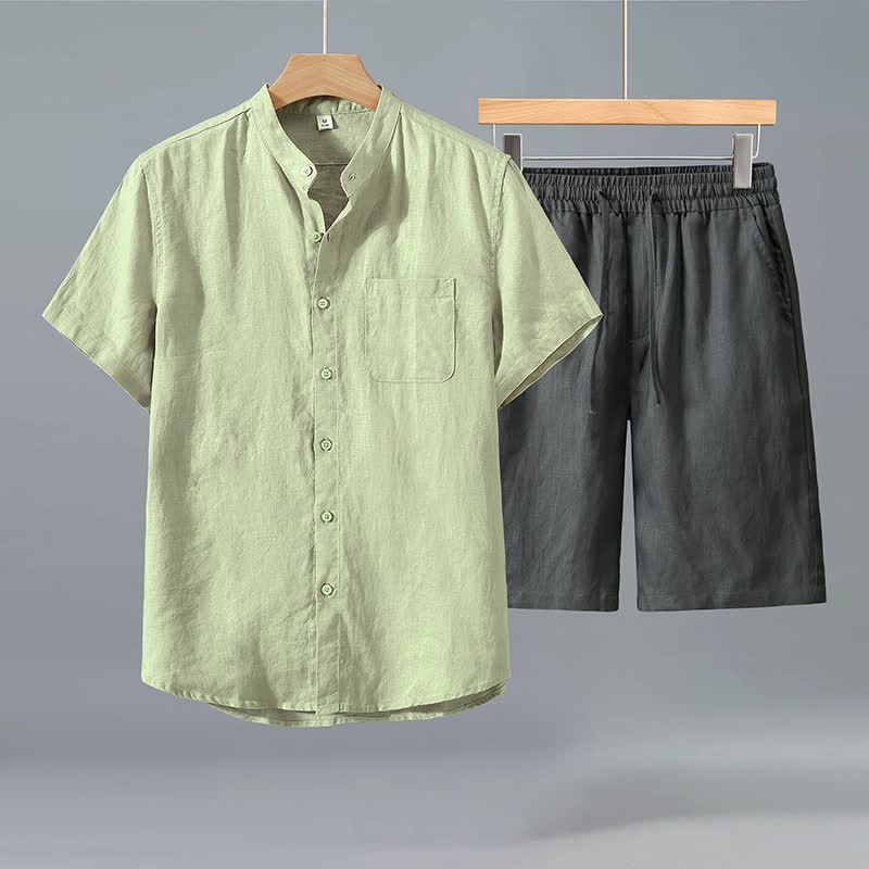 Buddha Stones Conjunto de 2 piezas de ropa informal de verano estilo Tang: camisa de manga corta con botones, pantalones cortos de lino liso para hombre, ideal para meditación, con bolsillo. - Camisa verde + pantalones grises - US/UK/AU42, EU52 (3XL) - image 5