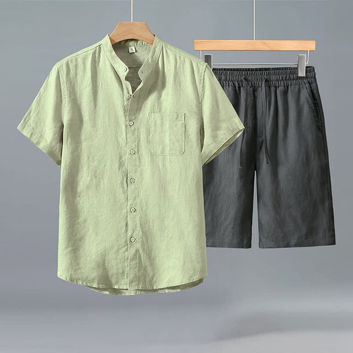 Buddha Stones Conjunto de 2 piezas de ropa informal de verano estilo Tang: camisa de manga corta con botones, pantalones cortos de lino liso para hombre, ideal para meditación, con bolsillo. - Camisa verde + pantalones grises - US/UK/AU42, EU52 (3XL) - image 5