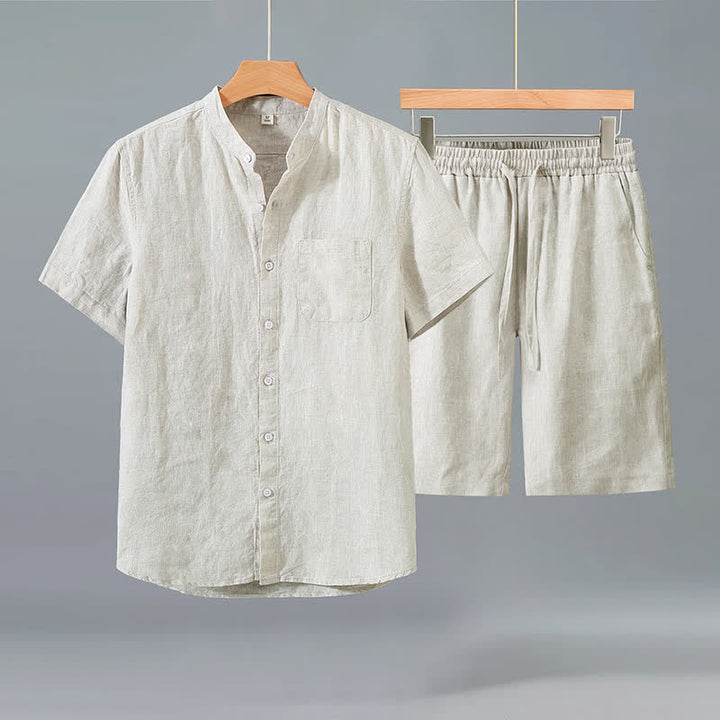 Buddha Stones Conjunto de 2 piezas de ropa informal de verano estilo Tang: camisa de manga corta con botones, pantalones cortos de lino liso para hombre, ideal para meditación, con bolsillo. - Camisa beige + pantalones beige - US/UK/AU42, EU52 (3XL) - image 0